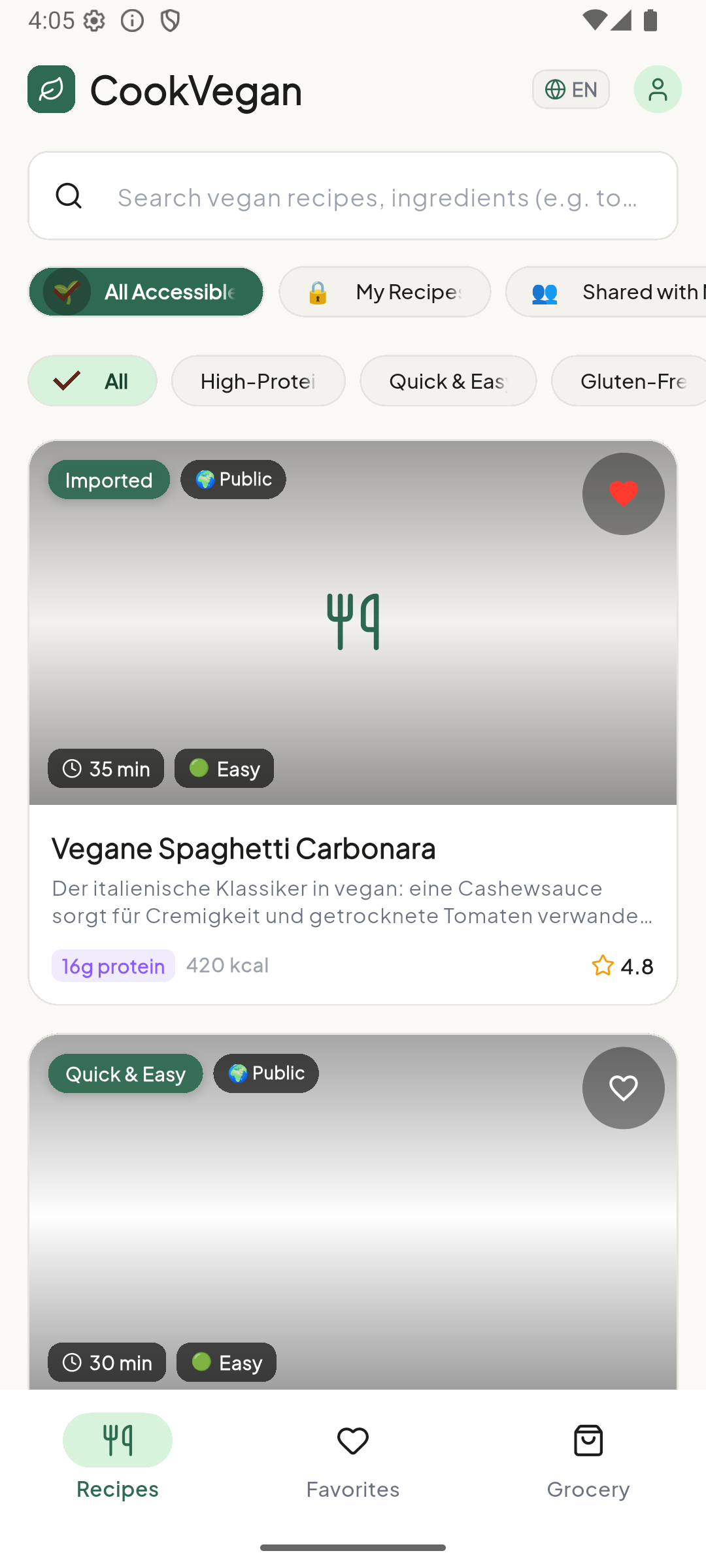 CookVegan Rezeptliste und Kategorien