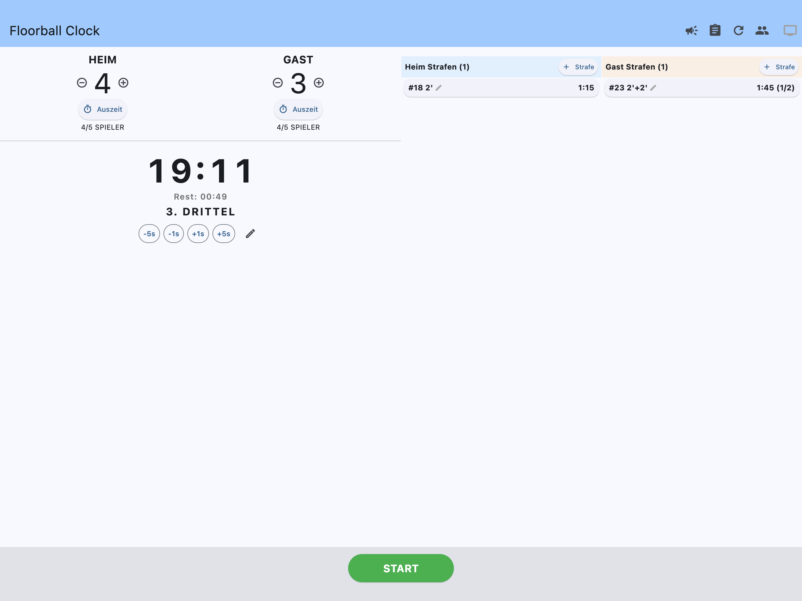 Floorball Clock Android Tablet Hauptsteuerung