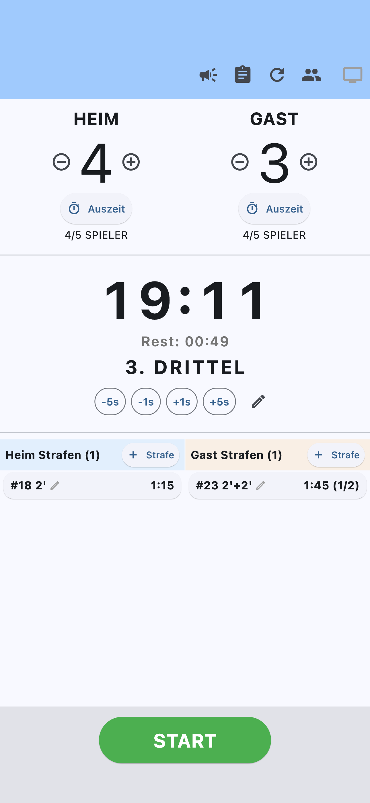 Floorball Clock iPhone Hauptsteuerung & Spielsekretariat